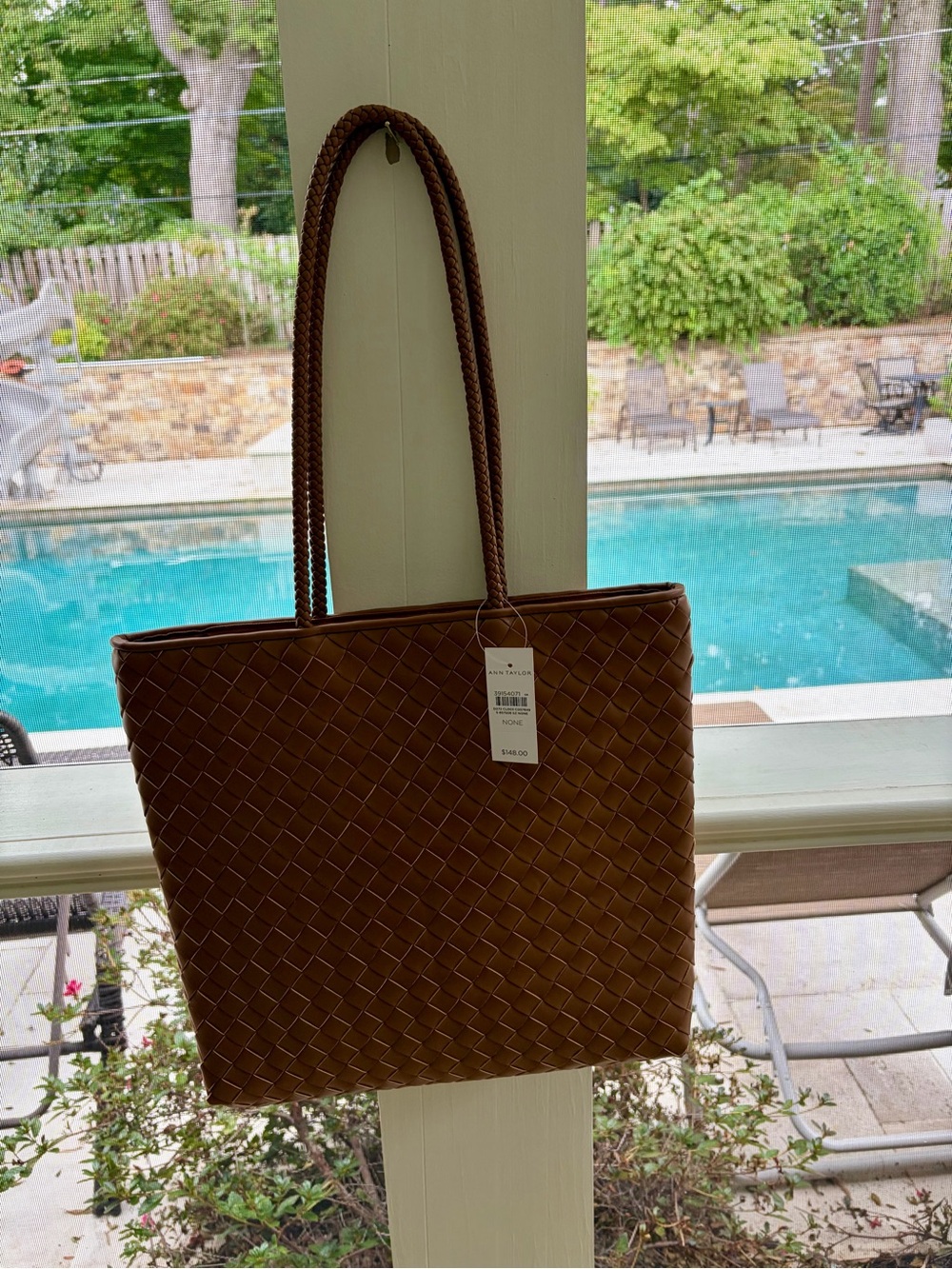 NWT ANN TAYLOR Weekend Woven Tote Autumn Ochre Brown $148 Faux Leather NEW - Picture 9 of 9